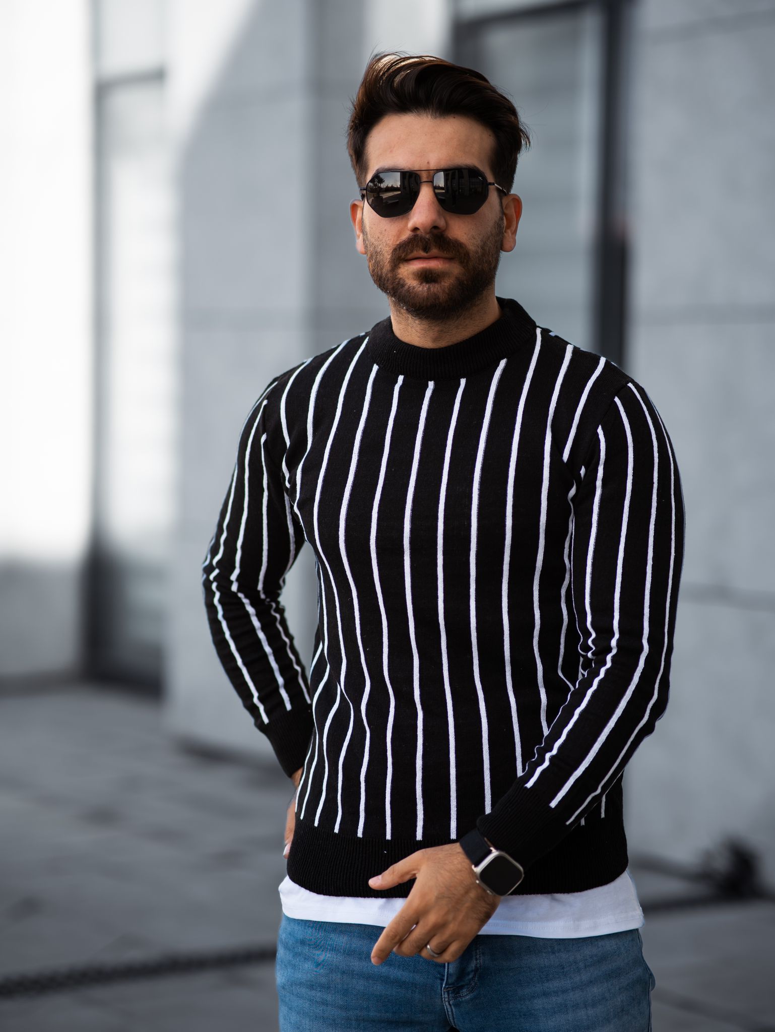 muški džemper MUŠKI PRUGASTI DŽEMPER CRNA - Image 1